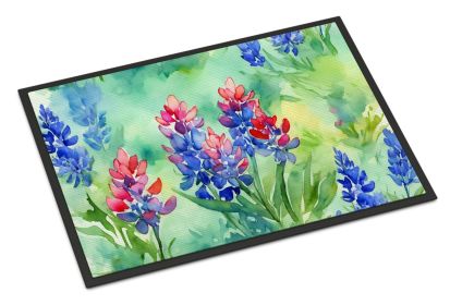Texas Bluebonnets in Watercolor Doormat Front Door Mat Indoor Outdoor Rugs for Entryway, Non Slip Washable Low Pile, 24H X 36W